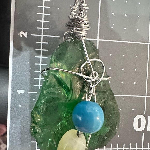 Green Glass and beads Wire-Wrapped Pendant Handmade Jewelry brut Art 4174-4170 B - Picture 11 of 11